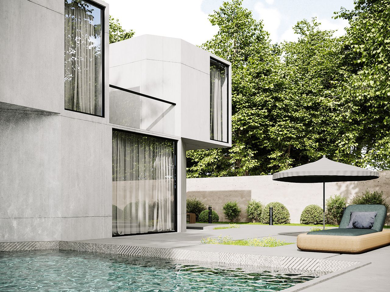 A concrete modern villa beside its pool