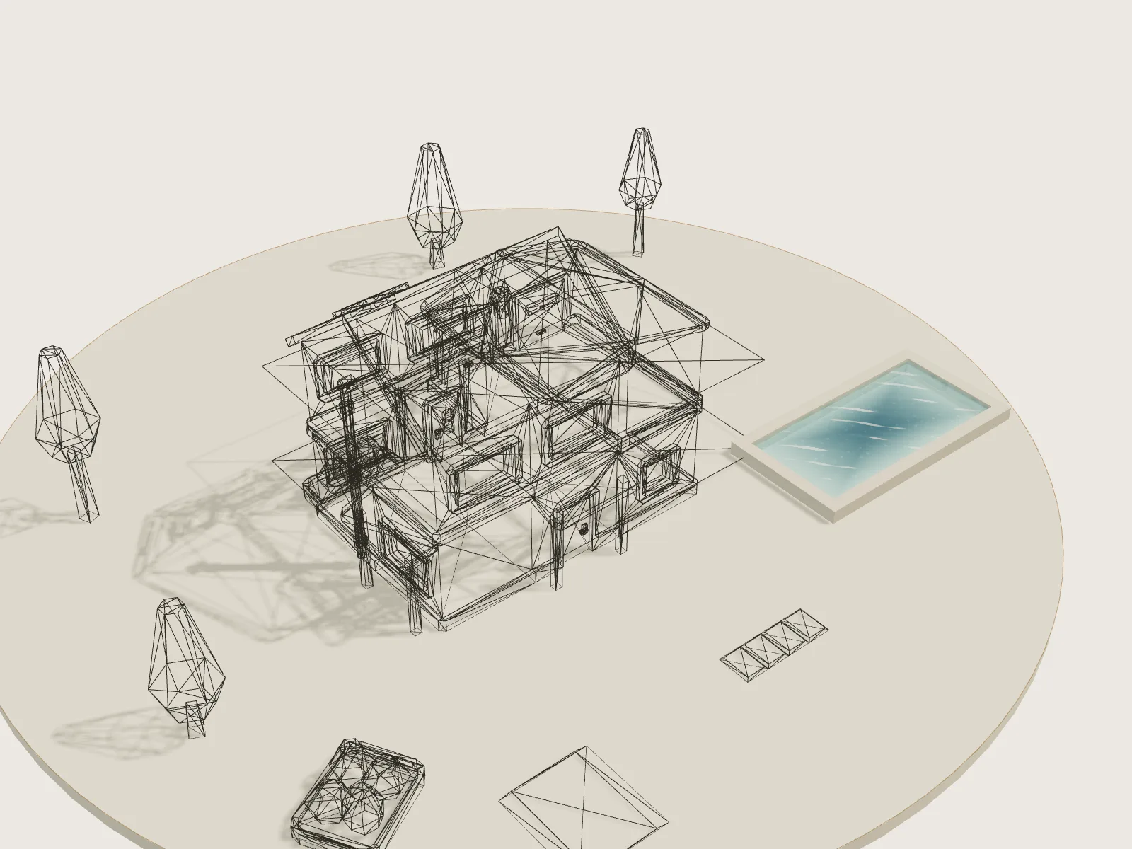 Wireframe render of the study model, every triangle visible