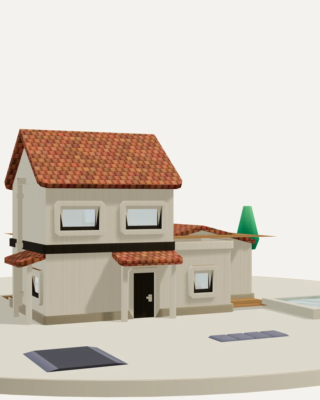 The approach to the house at eye level, drive in the foreground