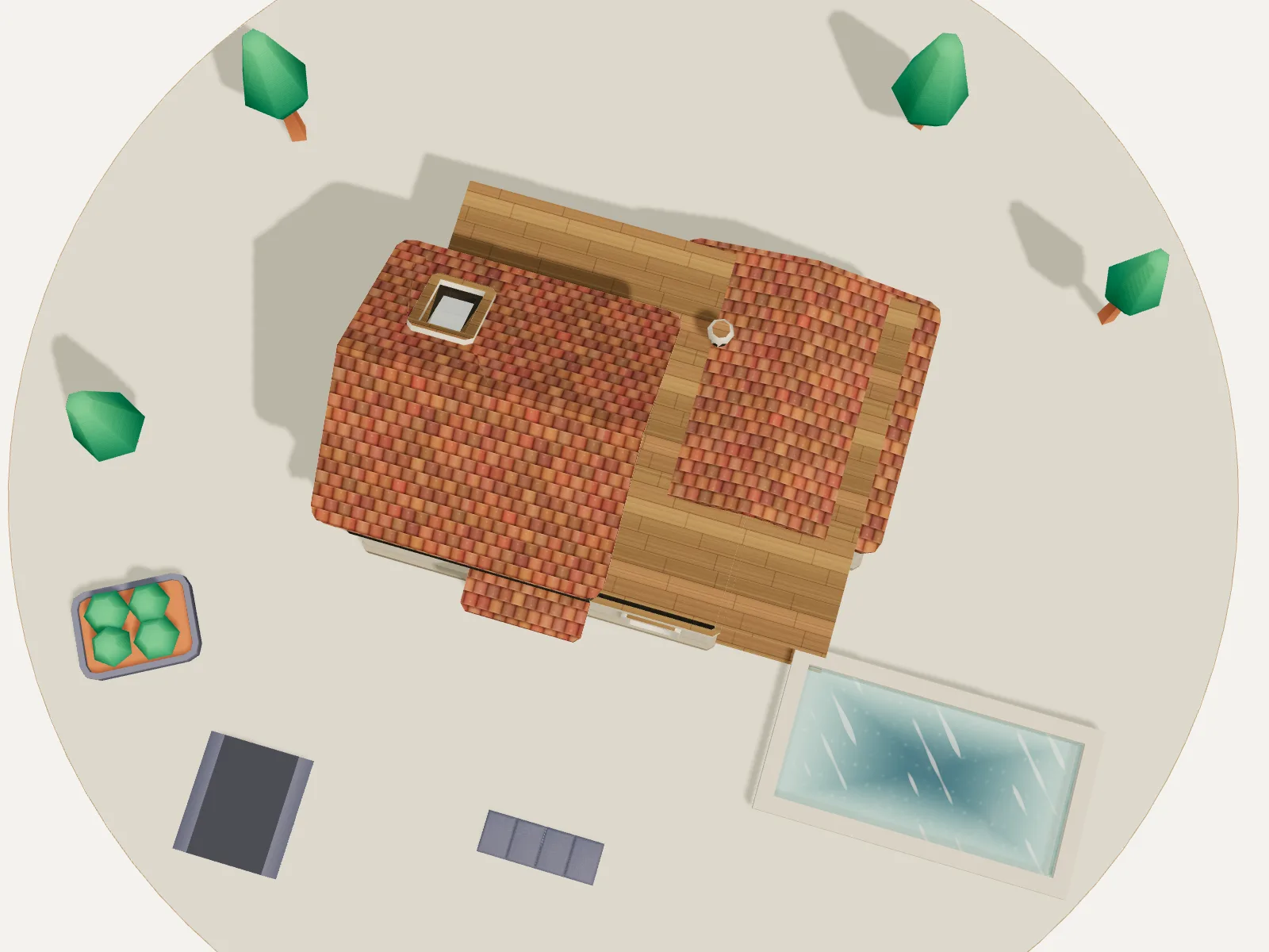 The roof plane seen from above, gardens around it