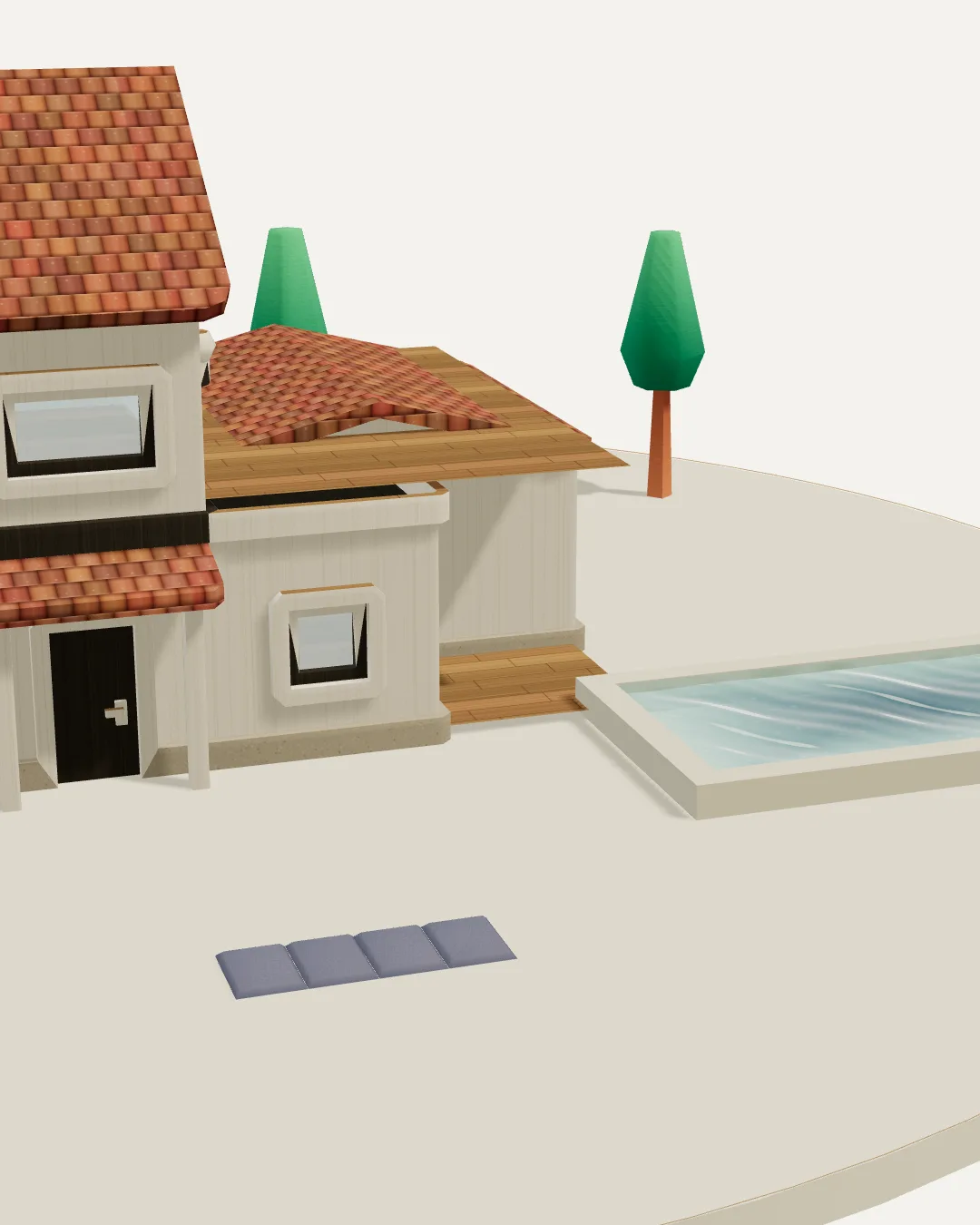 West terrace and lap pool beside the house