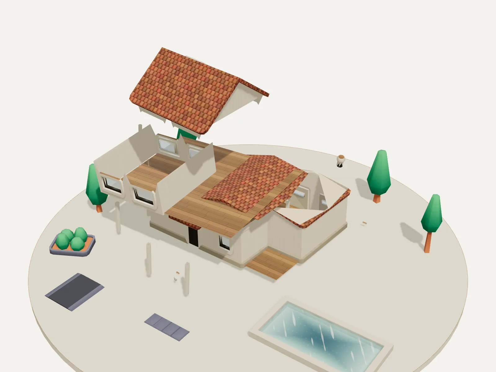 Exploded axonometric of the model, roof and floors separated