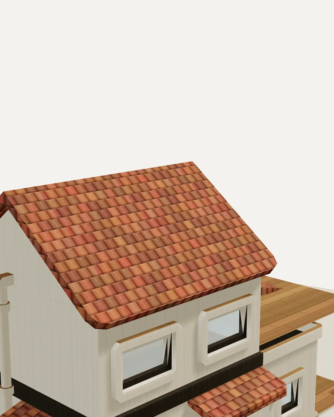 Close detail of the eaves and dormer of the study model